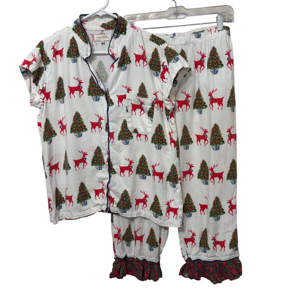 Jaye's Studio Christmas Pajama Set Medium Reindeer Tree Cotton Ruffle Plaid Hem